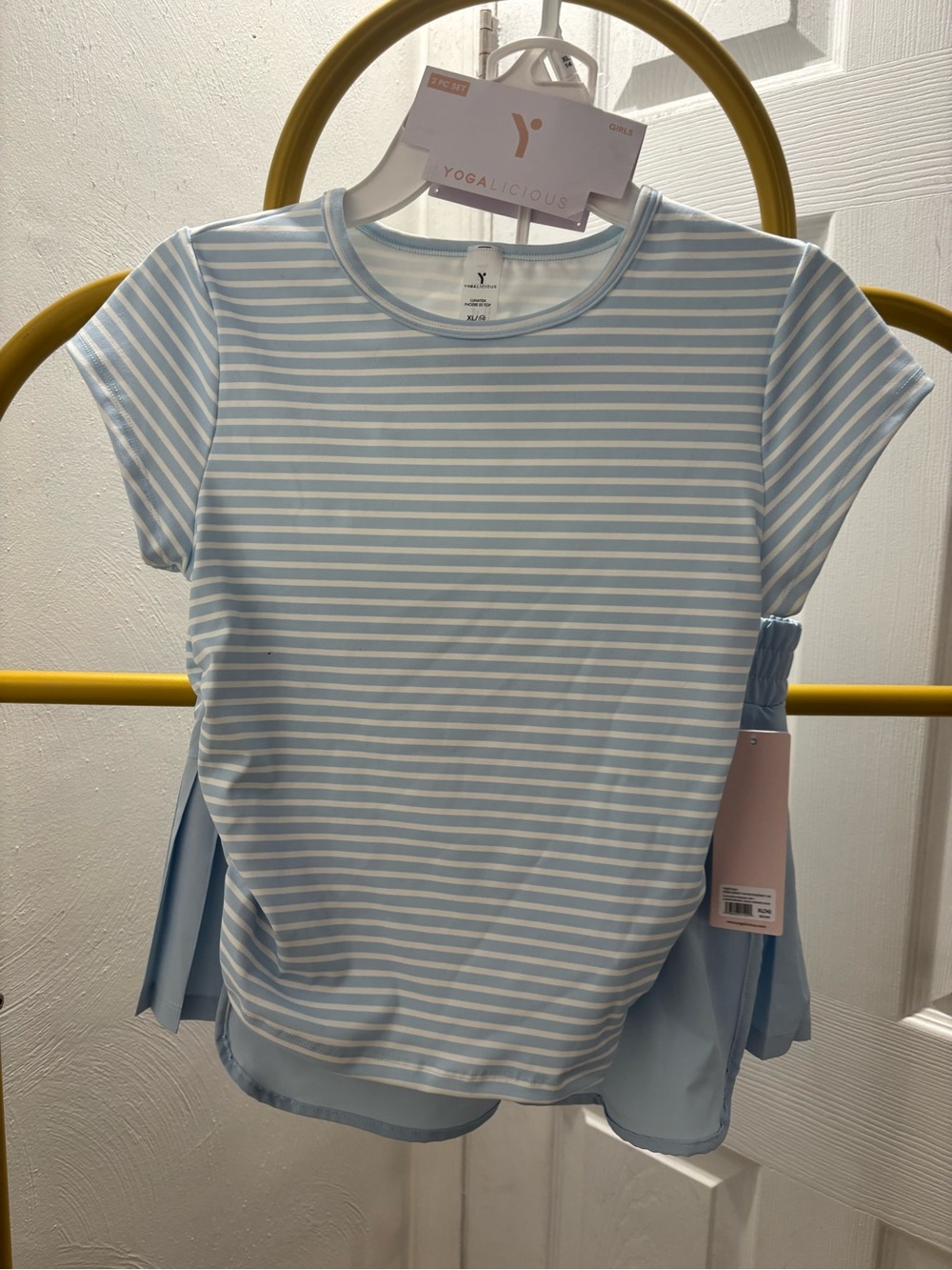 Yogalicious Girls' Light Blue & White Striped Short Sleeve Tee